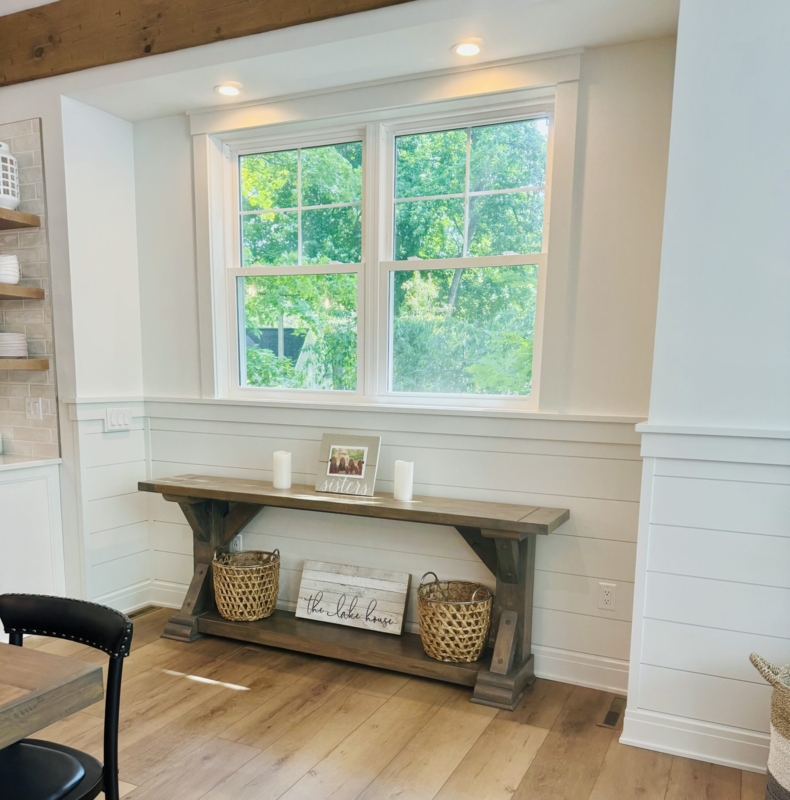 Console Table Corbel Supports Trestle Base Open Shelf Wood