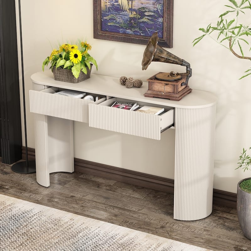 Console Table Cream Fluted Panels Pill Shaped Double Drawers