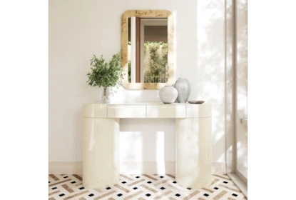Console Table Cream High Gloss Rounded Pedestal Legs Two Drawers Airy