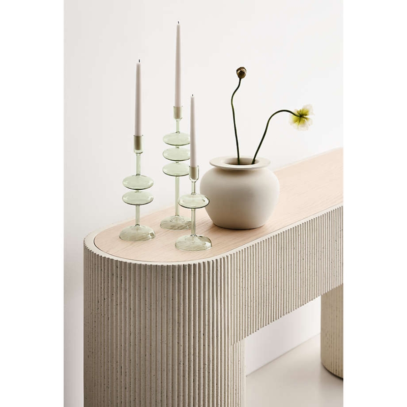 Console Table Cream Ribbed Concrete Base Oak Inset Top