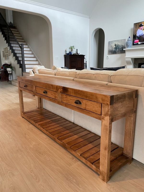 Console Table Cup Pulls Warm Brown Slatted Shelf Rustic Entryway