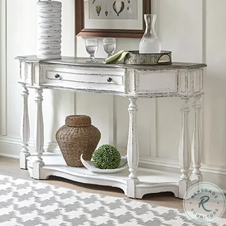 Console Table Curved Apron Weathered Bark Top Distressed Finish