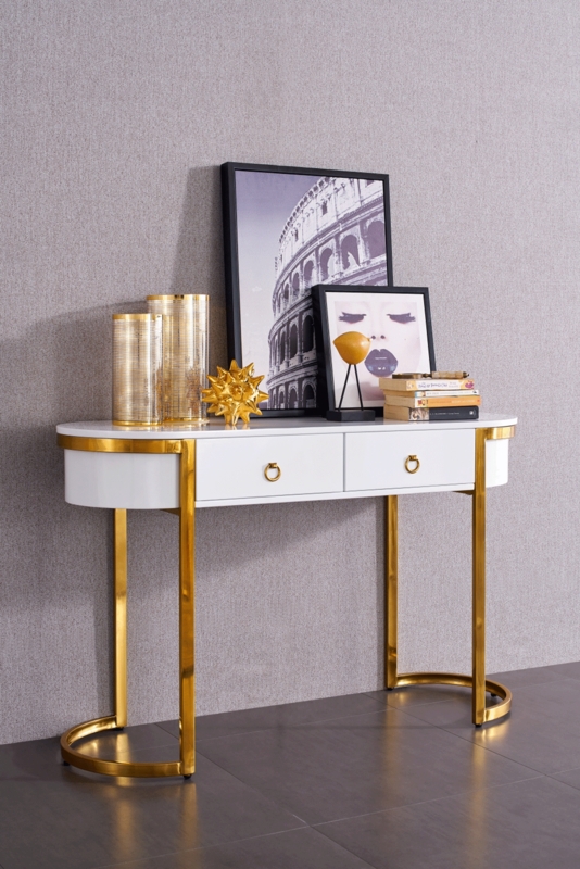 Console Table Curved Base Ring Pull Hardware White Glossy Hallway Drawers