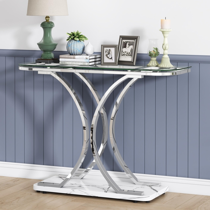 Console Table Curved Chrome Legs Marble Look Base Glass Top