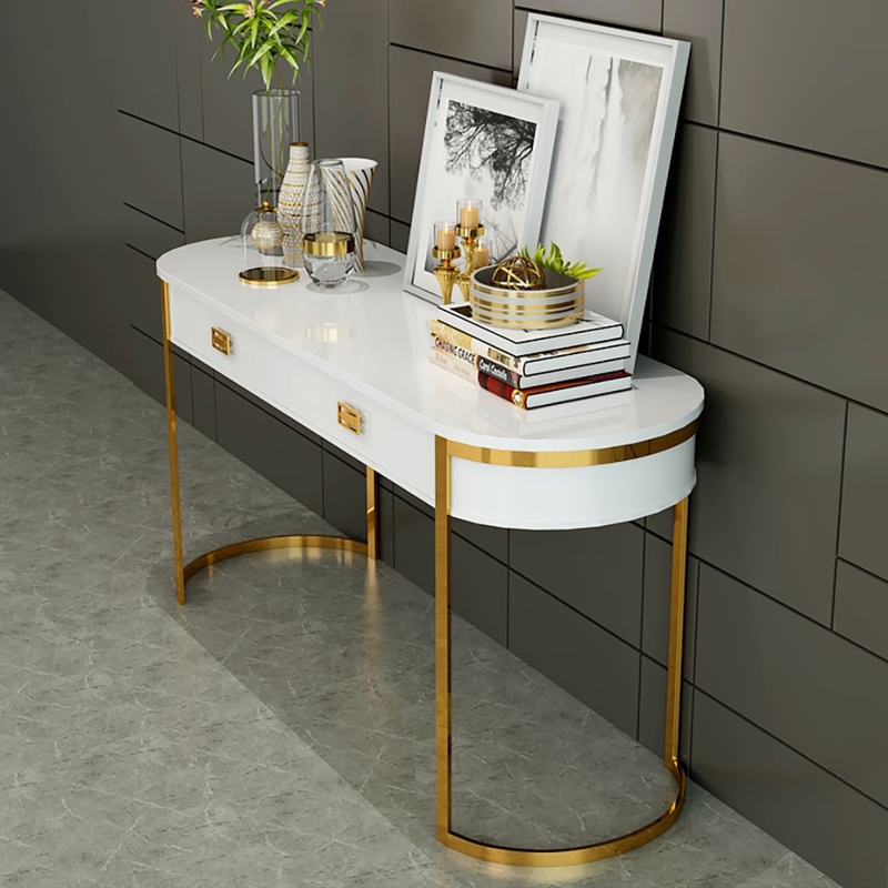 Console Table Curved Ends Glossy White Finish Gold Sled Base Drawers