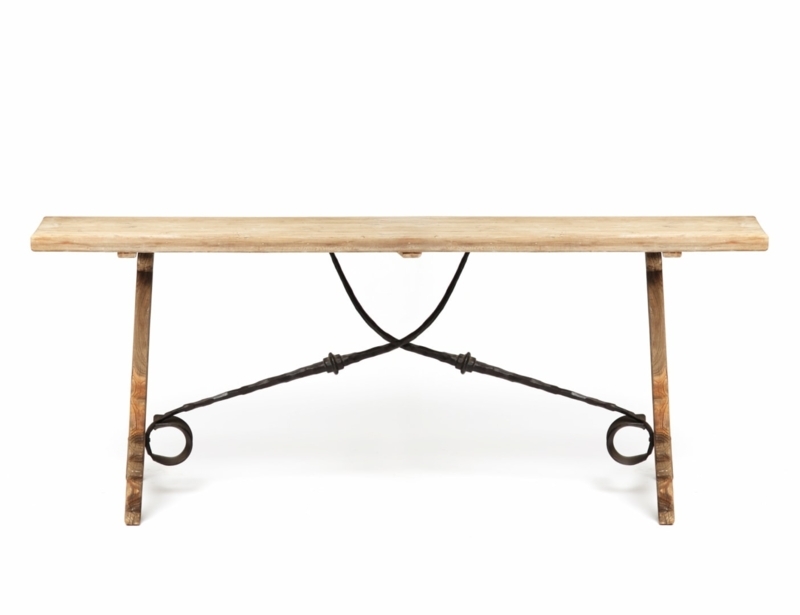 Console Table Curved Iron Stretcher Trestle Base Light Wood