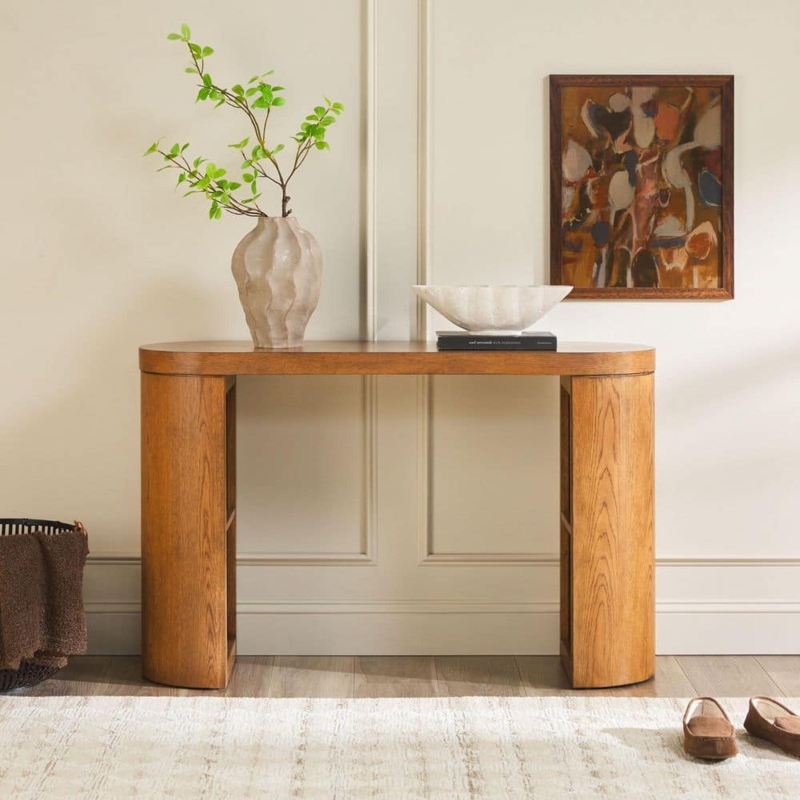 Console Table Curved Pillar Legs Integrated Shelving Modern Organic Oval Top