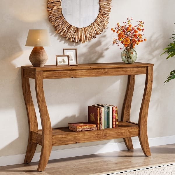 Console Table Curved Splayed Legs Two Tier Wood Grain Transitional