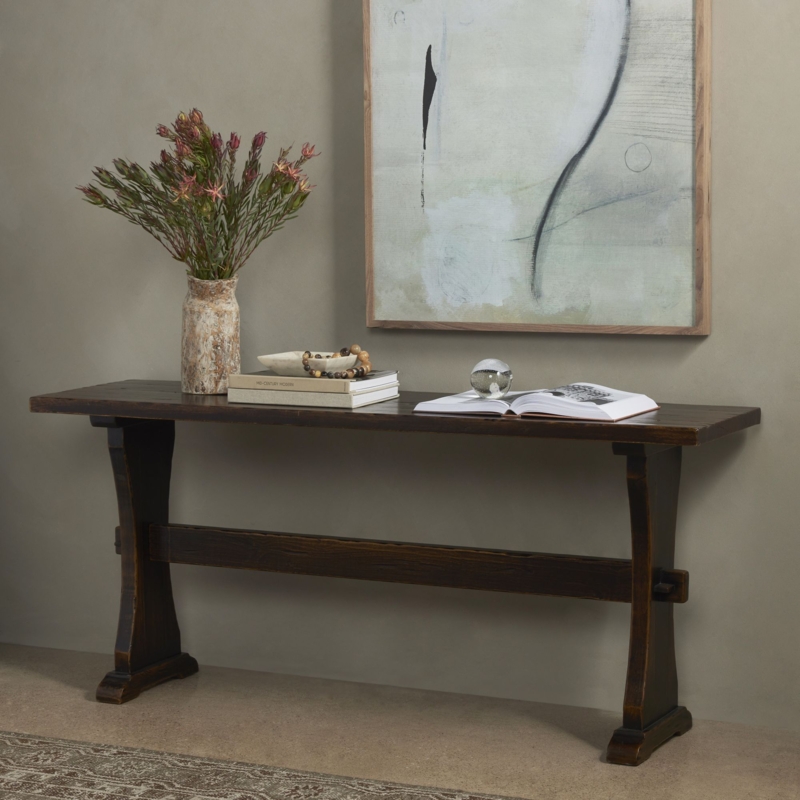 Console Table Curved Trestle Legs Distressed Walnut Modern