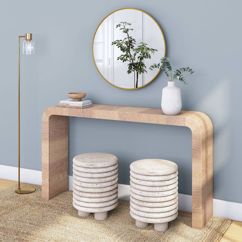 Console Table Curved Waterfall Edge Hazelnut Wood Ribbed Stools Set