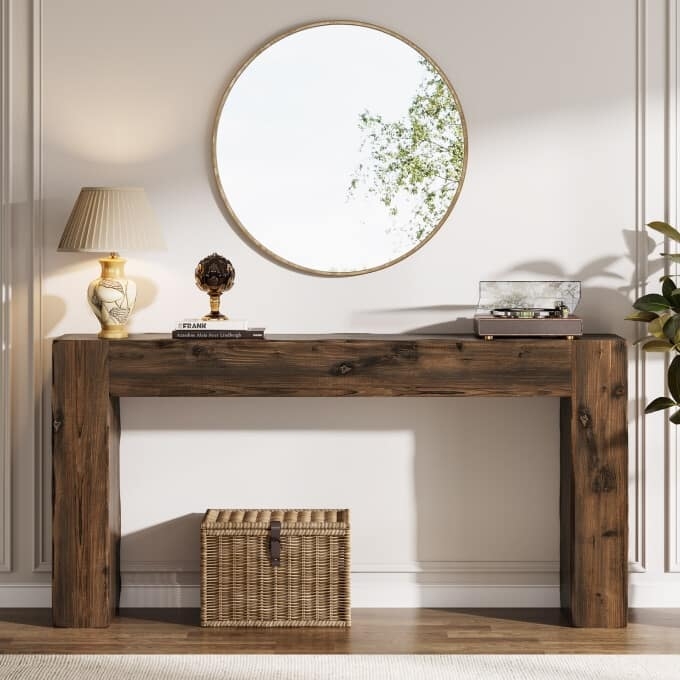 Console Table Dark Brown Wood Block Legs Thick Tabletop Distressed Finish