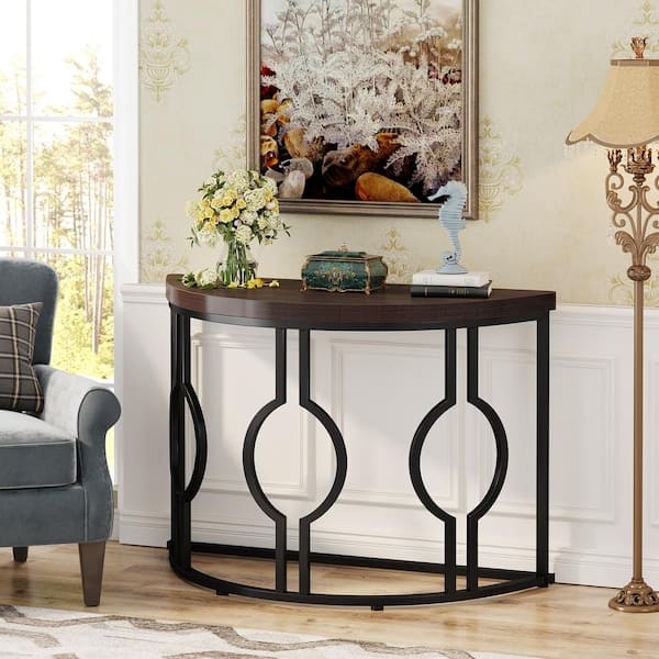 Console Table Dark Brown Wood Geometric Metal Base Semi Circle