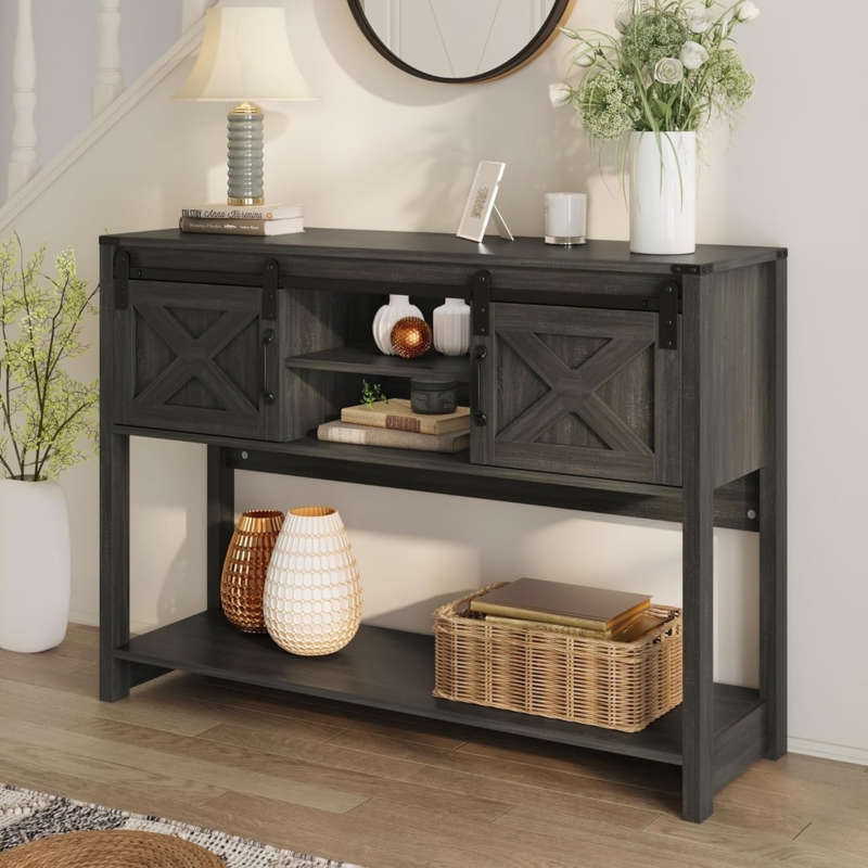 Console Table Dark Grey Finish Sliding Barn Doors X Brace Design