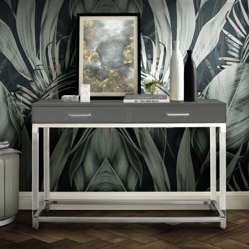 Console Table Dark Grey High Gloss Acrylic Legs Linear Pulls Glam Entryway