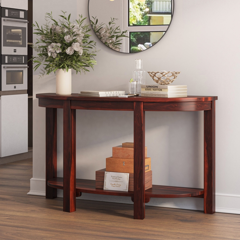 Console Table Dark Reddish Brown Wood Grain Lower Storage Shelf