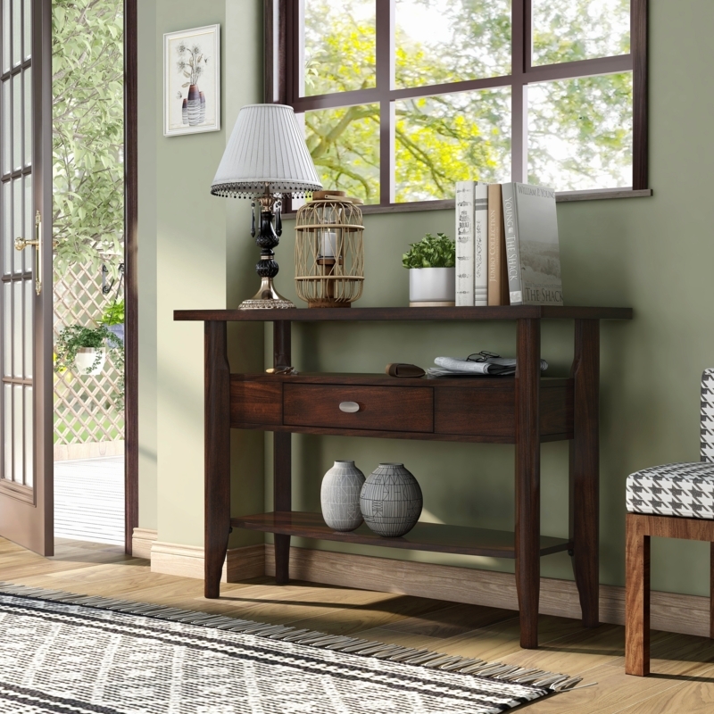 Console Table Dark Walnut Central Drawer Silver Pull Traditional Style