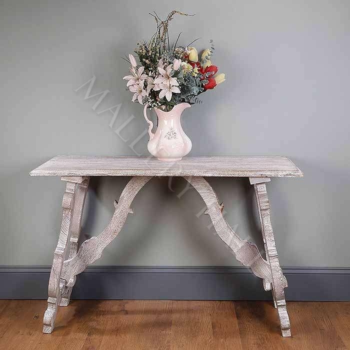 Console Table Decorative Trestle Legs Curved Stretcher Whitewashed