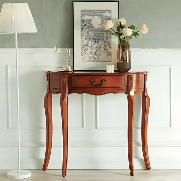Console Table Demilune Shape Cabriole Legs Traditional Wood Drawer