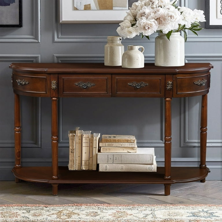 Console Table Demilune Shape Cherry Finish Floral Pulls Traditional