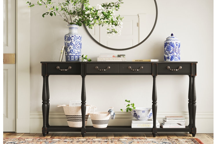 Console Table Distressed Black Extra Long Profile Four Drawers Decor