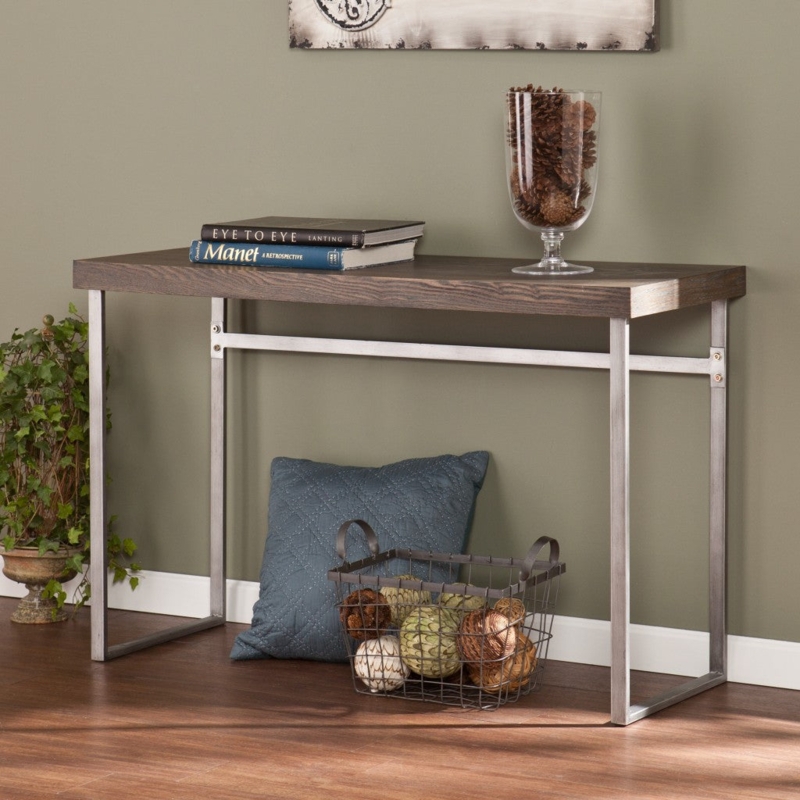 Console Table Distressed Silver Frame Gray Brown Wood Top Sled Base