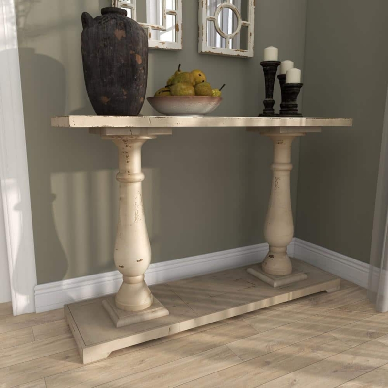 Console Table Distressed White Chunky Legs Farmhouse