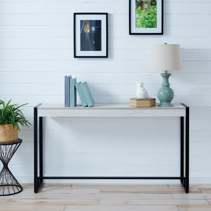 Console Table Distressed White Top Black Metal Sled Base Farmhouse