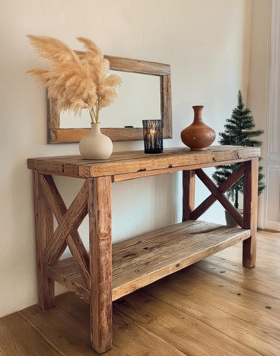 Console Table Distressed Wood Thick Plank Top Plank Construction Matte