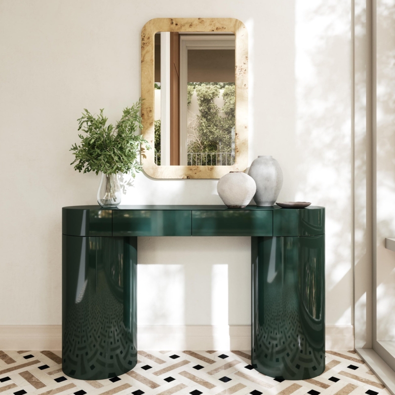 Console Table Emerald Green High Gloss U Shaped Pedestals Sculptural