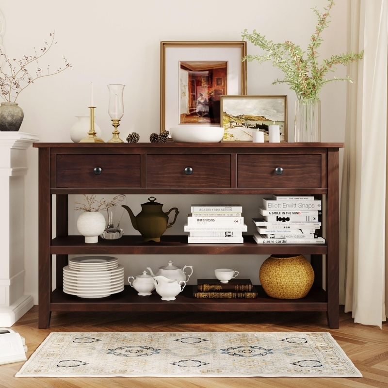 Console Table Espresso Finish Three Drawers Two Tier Open Storage