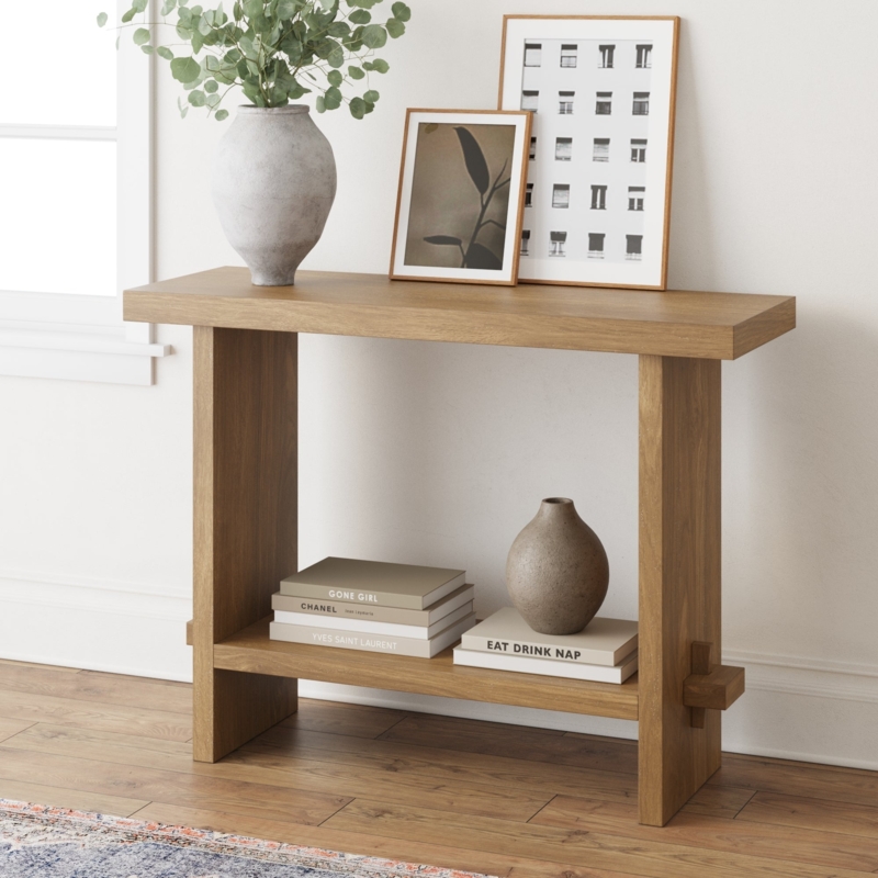 Console Table Exposed Peg Joint Thick Block Legs Lower Shelf Japandi Natural