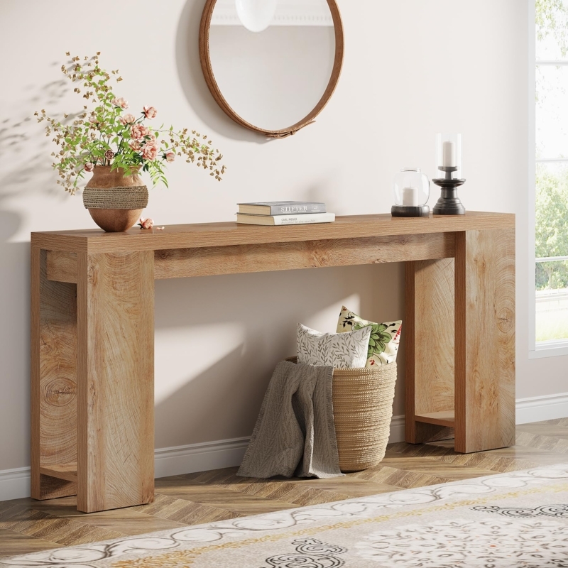 Console Table Extra Long 70 Inch Light Oak Chunky Block Legs