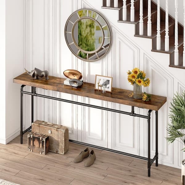 Console Table Extra Long 70 Inch Pipe Legs Wood and Metal Industrial