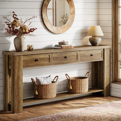 Console Table Extra Long Three Drawers Rustic Wood Toned Open Shelf