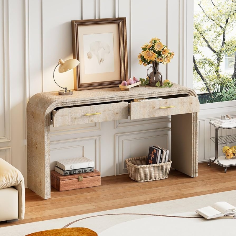 Console Table, Extra Long Waterfall Edges, Textured Natural Wood Wash