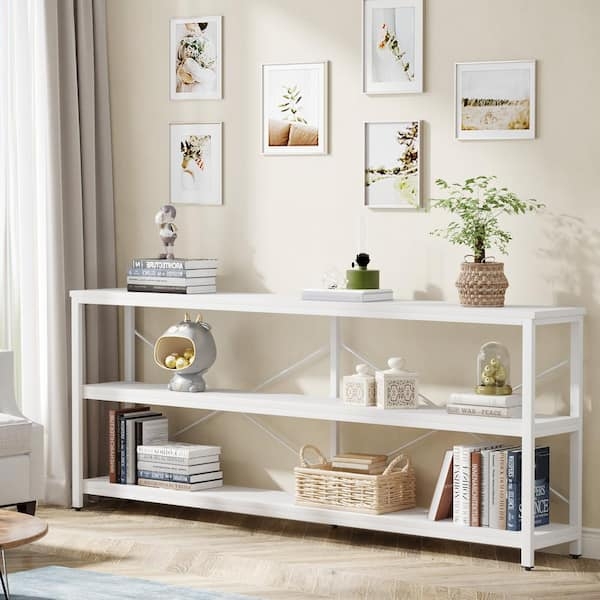 Console Table Extra Long White X-Frame Back Three Tier Shelving