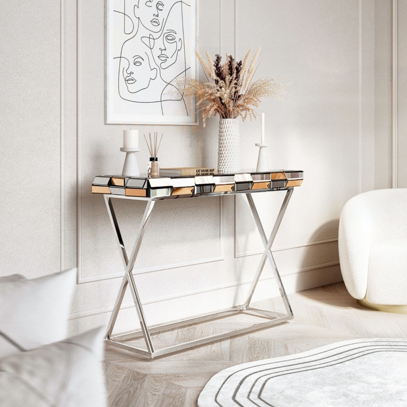 Console Table Faceted Top Rose Gold Chrome X Frame
