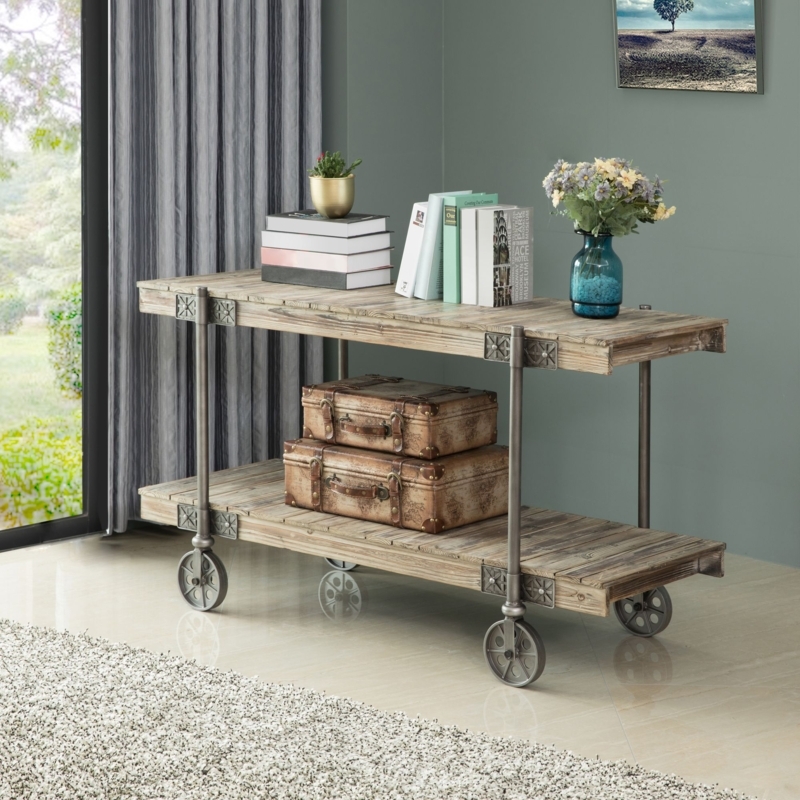 Console Table Factory Cart Wheels Weathered Plank Shelves Industrial
