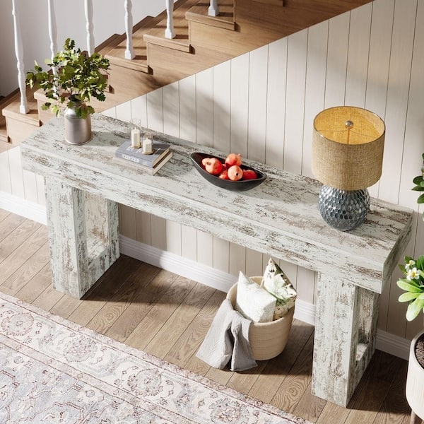 Console Table Farmhouse Distressed White Double Pedestal