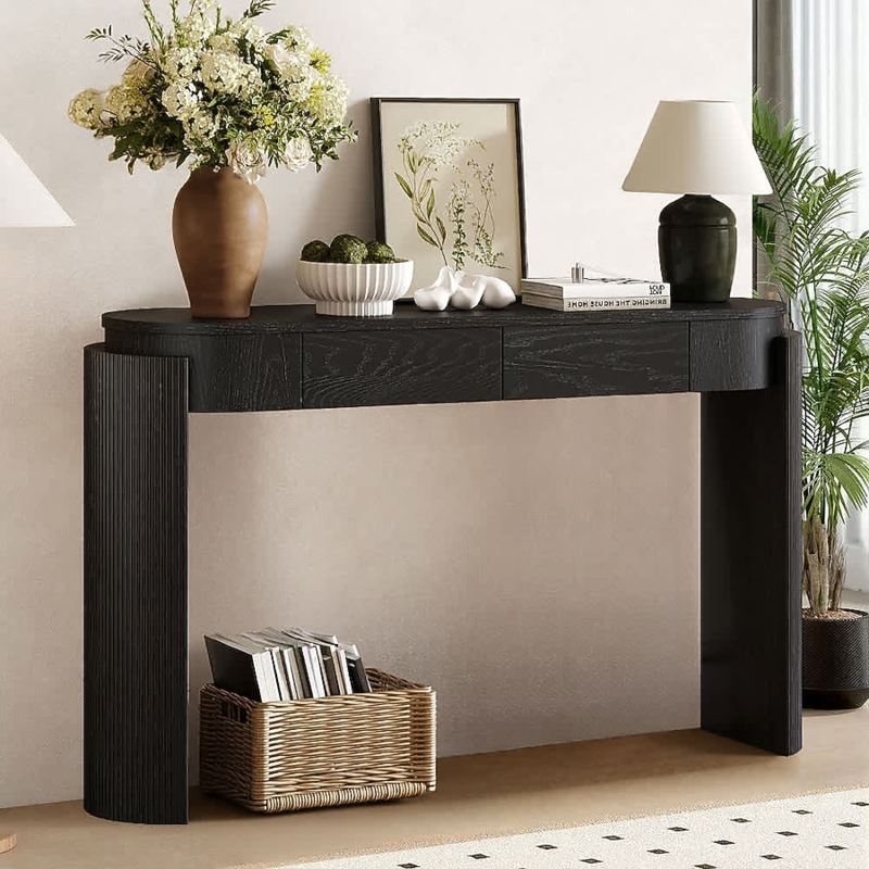 Console Table Fluted Legs Black Wood Grain Storage Drawers