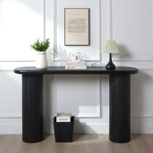 Console Table Fluted Pillar Base Matte Black Oval Top