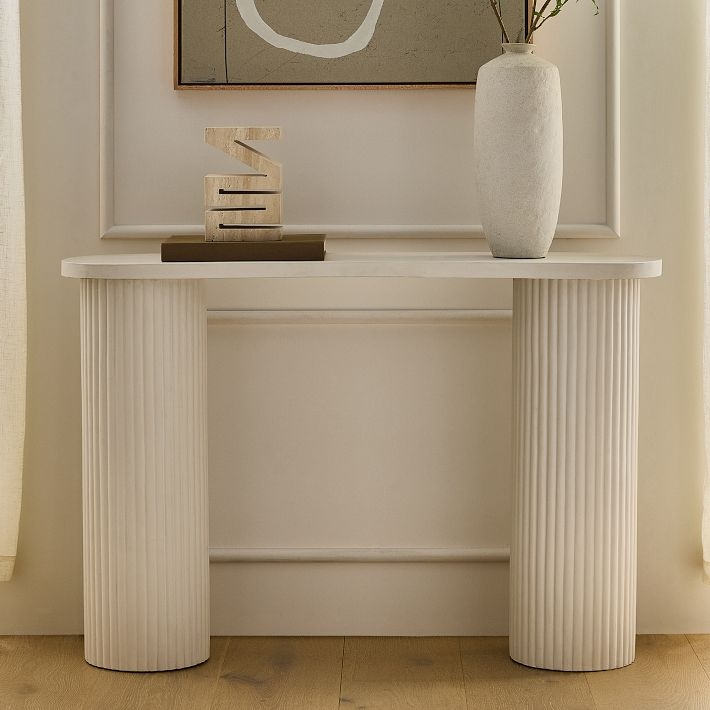 Console Table Fluted Pillar Legs Stone-Like Texture Rounded Edges