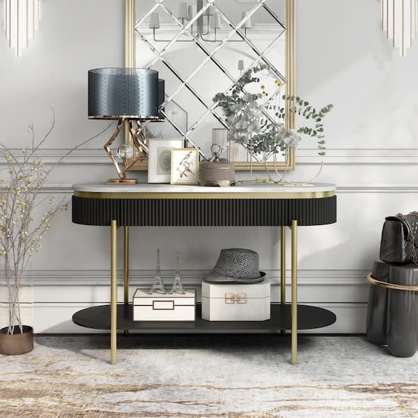 Console Table Fluted Surface Gold Legs Stone-Like Top