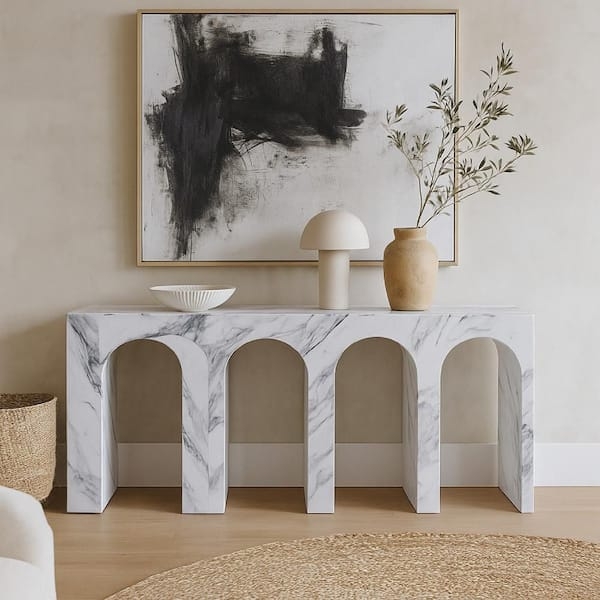 Console Table Four Arch Design Marbled Faux Stone Architectural Foyer