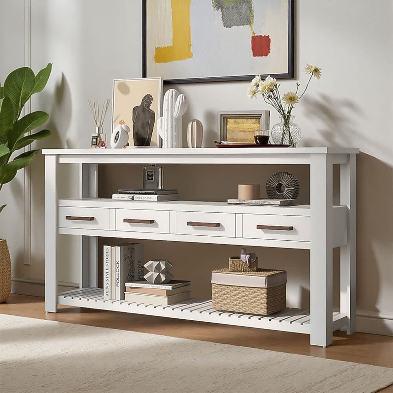 Console Table Four Drawers Three Tier Slatted Shelf Transitional