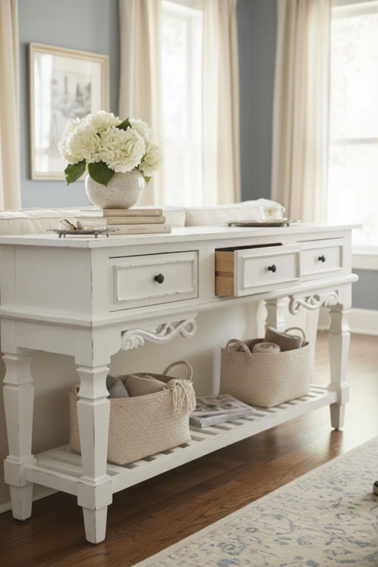 Console Table French Country Distressed White with Slatted Shelf