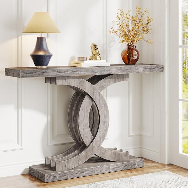 Console Table Geometric Base Interlocking Curves Gray Wood Finish Matte