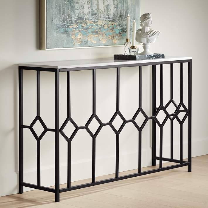 Console Table Geometric Black Iron Diamond Motif White Stone Top