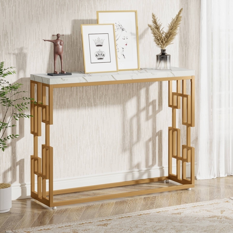 Console Table, Geometric Fretwork Base, Gold Finish, Faux Marble Top.