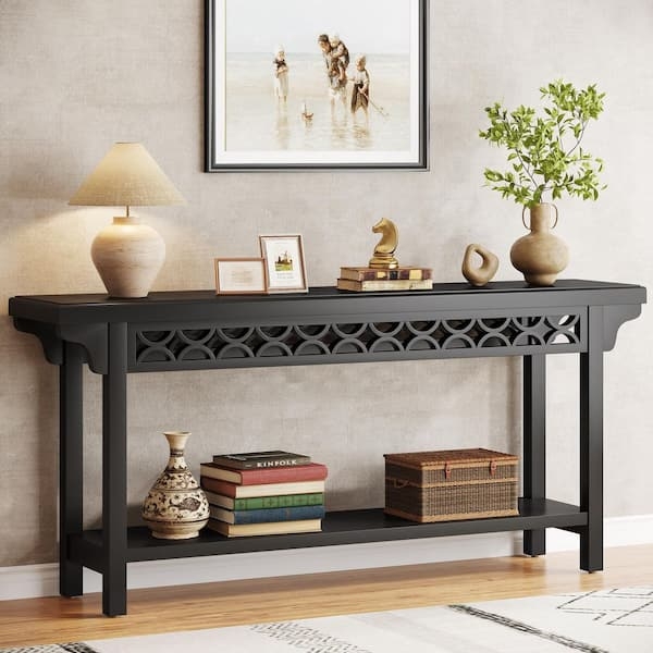 Console Table Geometric Fretwork Detail Narrow Lower Shelf Black